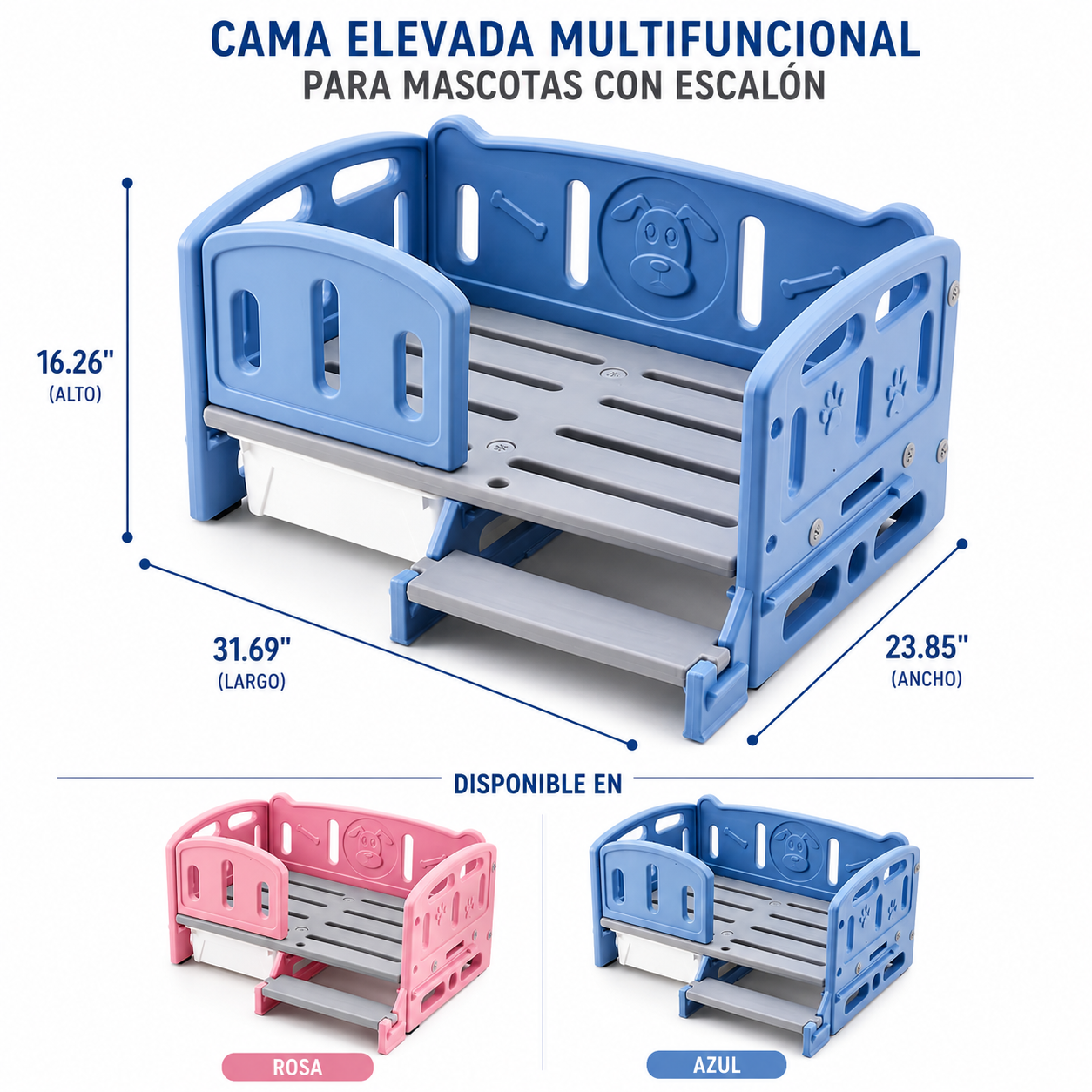 Cama Elevada Multifuncional para Mascotas con Escalón
