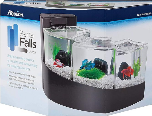 Aqueon Betta Falls 3 Section Aquarium Fish Tank With QuietFlow Power Filtration, Black
