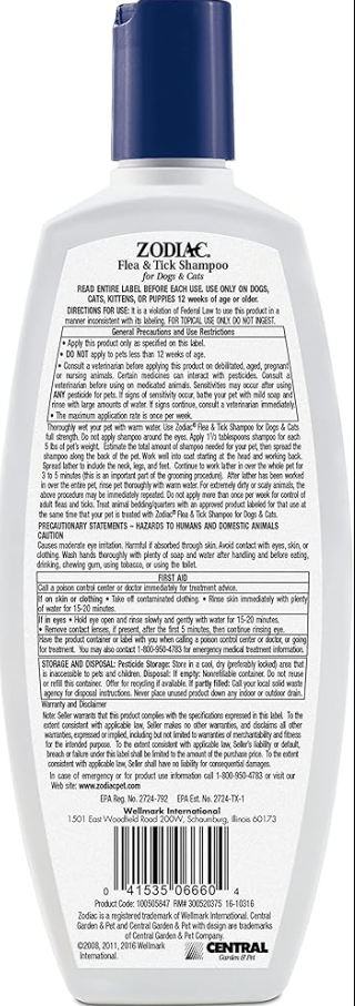 Zodiac Flea & Tick Shampoo for Dogs & Cats, 12-ounce | Kills Fleas and Ticks On Contact